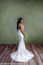 Oscar White Satin Engagement Gown Perfect for Photo Shoots