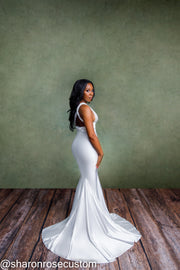 Oscar White Satin Engagement Gown Perfect for Photo Shoots