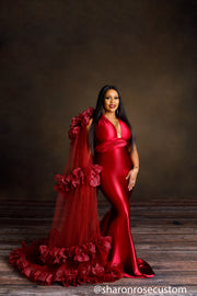Oscar Wine Red Satin Engagement Gown with Victorious Cape Perfect for Photo Shoots