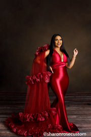 Oscar Wine Red Satin Engagement Gown with Victorious Cape Perfect for Photo Shoots