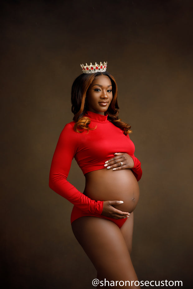 The Red Long Sleeve Petal crop top set perfect for maternity photo shoots