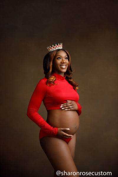 The Red Long Sleeve Petal crop top set perfect for maternity photo shoots