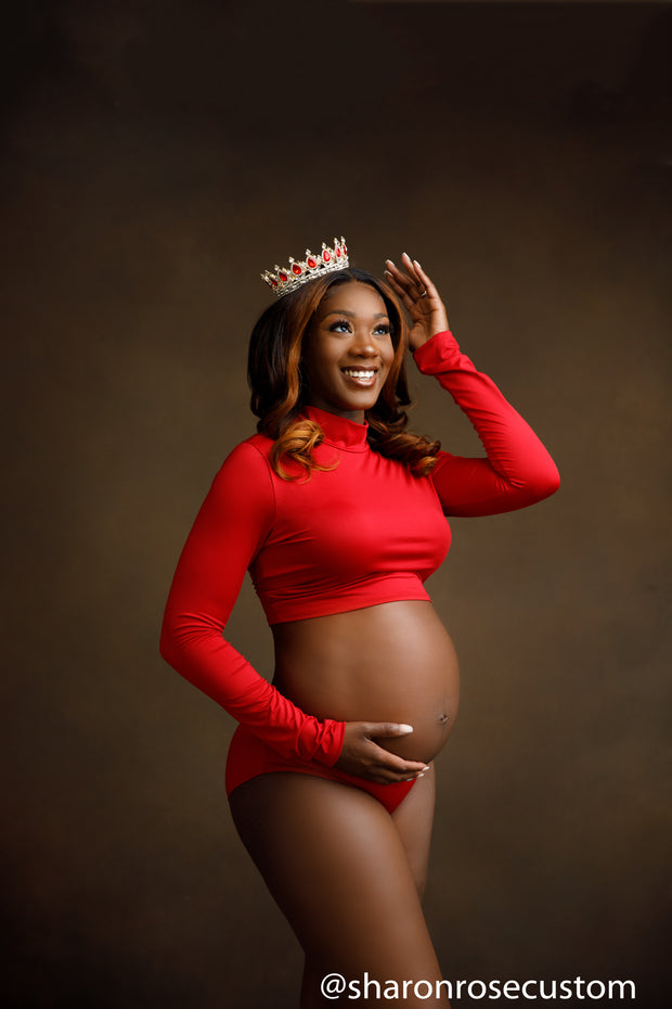 The Red Long Sleeve Petal crop top set perfect for maternity photo shoots