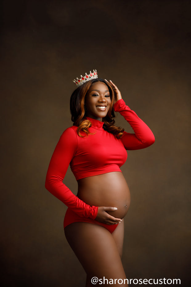 The Red Long Sleeve Petal crop top set perfect for maternity photo shoots