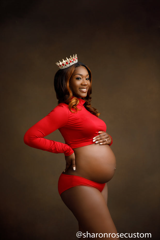 The Red Long Sleeve Petal crop top set perfect for maternity photo shoots