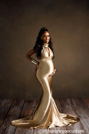 Oscar Bronze Satin Maternity Gown for Photo Shoot and Baby Showers