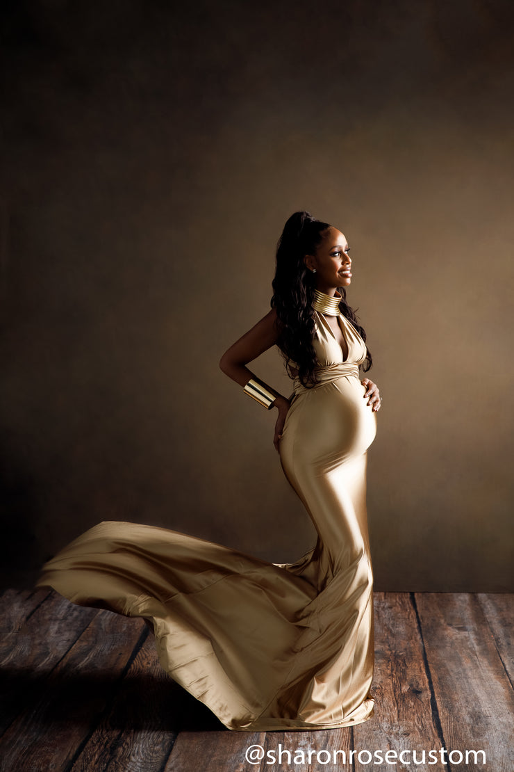 Oscar Bronze Satin Maternity Gown for Photo Shoot and Baby Showers