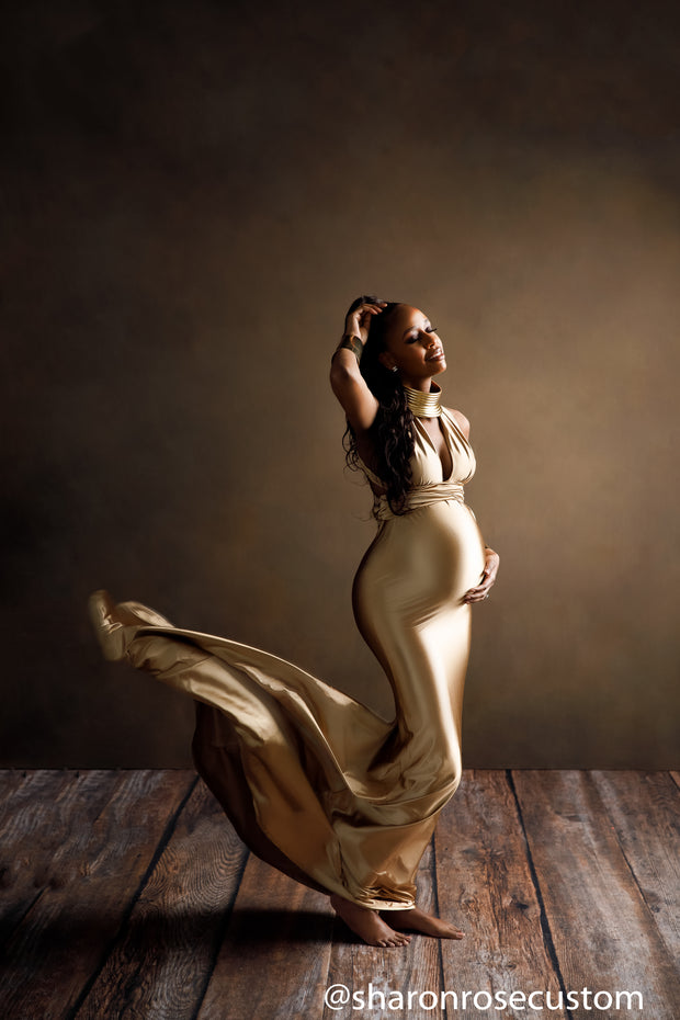 Oscar Bronze Satin Maternity Gown for Photo Shoot and Baby Showers