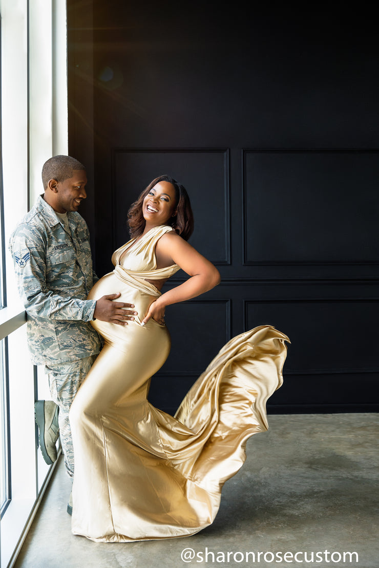 Oscar Champagne Gold Satin Maternity Gown for Photo Shoot and Baby Showers