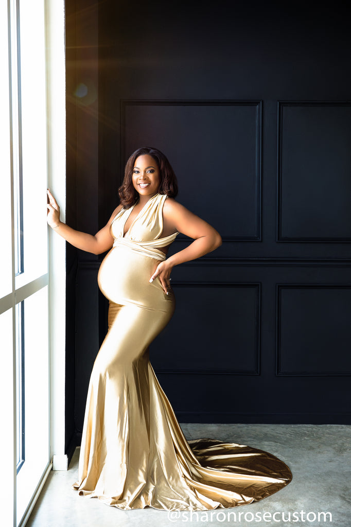 Oscar Champagne Gold Satin Maternity Gown for Photo Shoot and Baby
