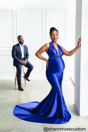 Oscar Royal Blue Satin Maternity Gown Perfect for Photo Shoots