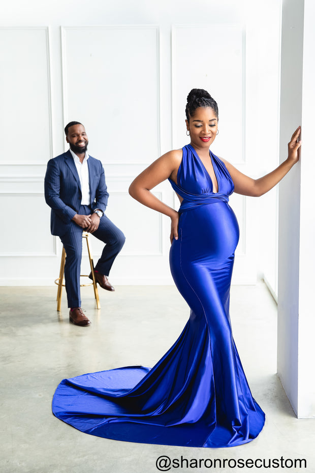 Oscar Royal Blue Satin Maternity Gown Perfect for Photo Shoots
