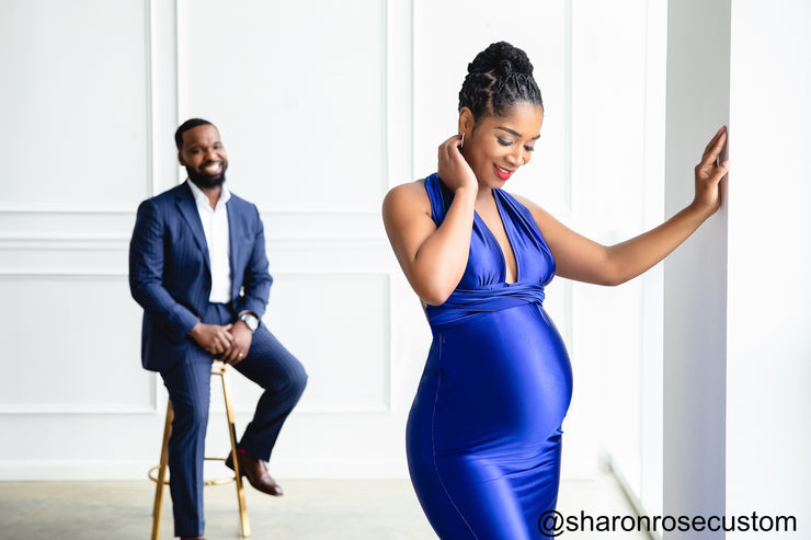 Oscar Royal Blue Satin Maternity Gown Perfect for Photo Shoots