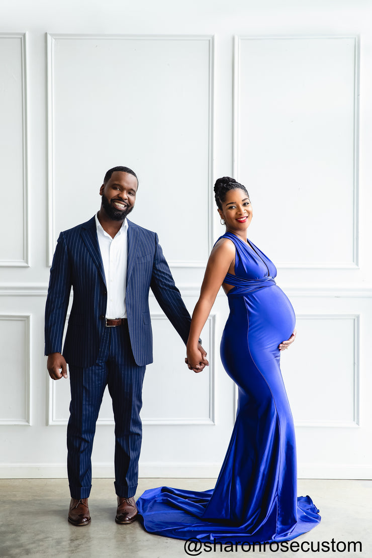 Oscar Royal Blue Satin Maternity Gown Perfect for Photo Shoots