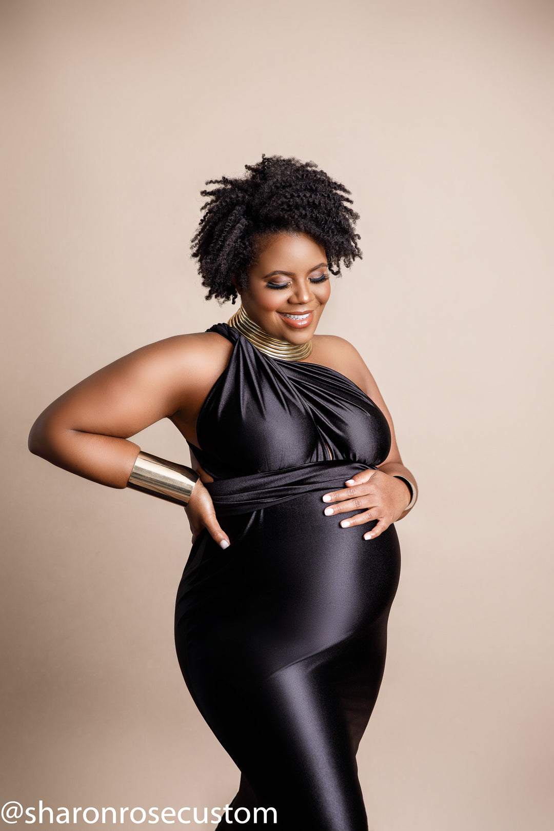 Oscar Black Satin Maternity Gown for Photo Shoot and Baby Showers L