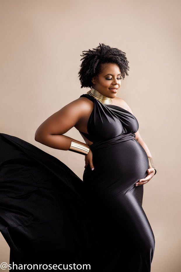 Oscar Black Satin Maternity Gown for Photo Shoot and Baby Showers