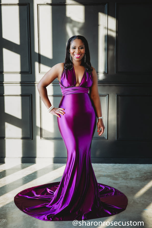 Oscar Purple Satin Engagement Gown Perfect for Photo Shoots