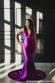 Oscar Purple Satin Engagement Gown Perfect for Photo Shoots