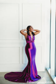 Oscar Purple Satin Engagement Gown Perfect for Photo Shoots
