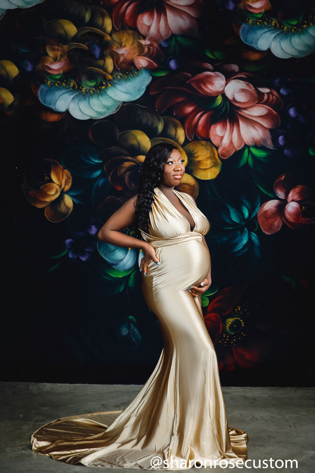 Oscar Champagne Gold Satin Maternity Gown for Photo Shoot and Baby Showers