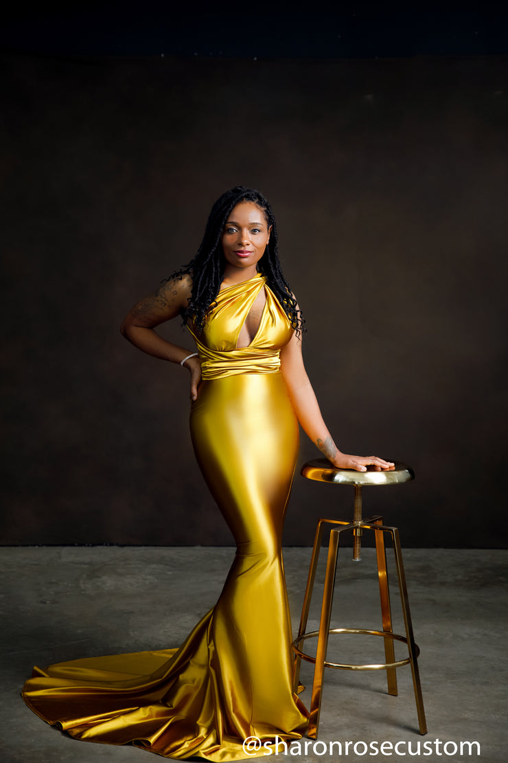 Oscar Mustard Gold Satin Engagement Gown Perfect for Photo Shoots
