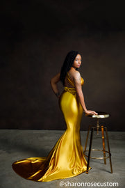 Oscar Mustard Gold Satin Engagement Gown Perfect for Photo Shoots