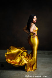 Oscar Mustard Gold Satin Engagement Gown Perfect for Photo Shoots