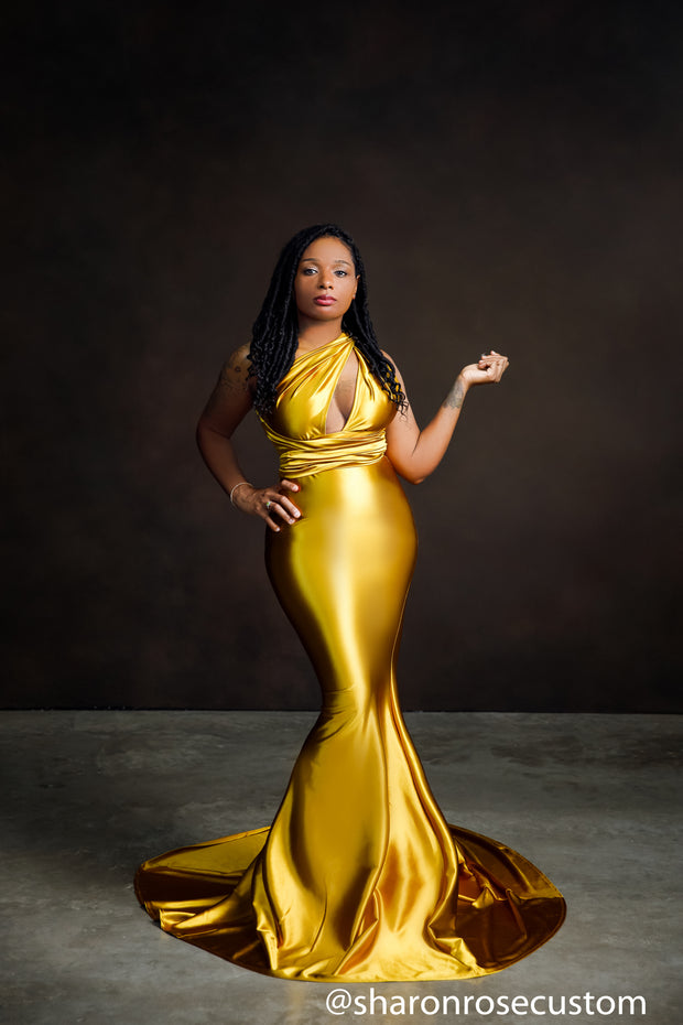 Oscar Mustard Gold Satin Engagement Gown Perfect for Photo Shoots