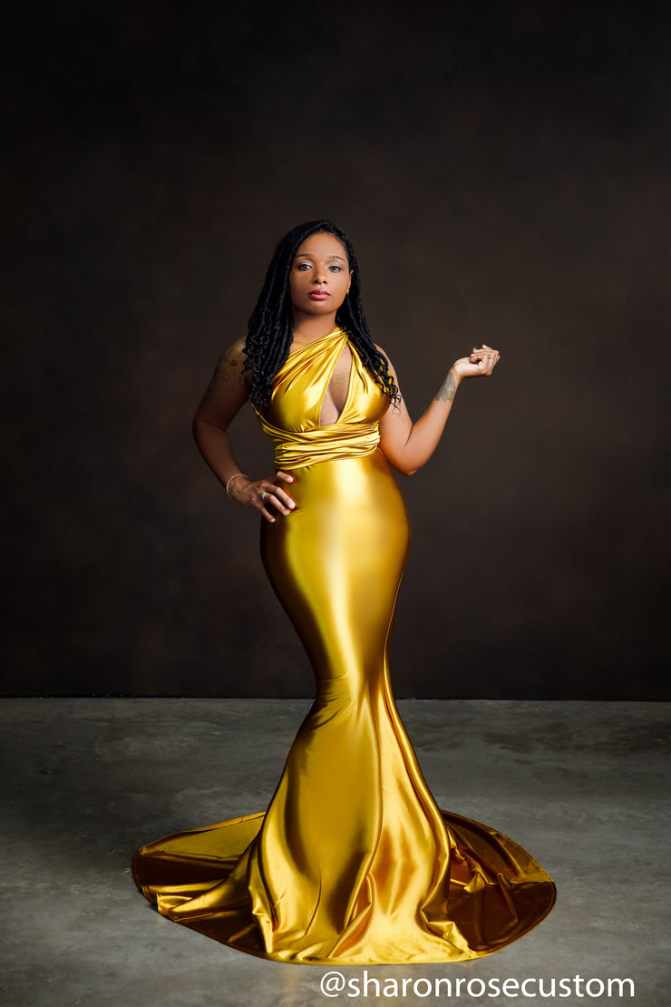 Oscar Mustard Gold Satin Engagement Gown Perfect for Photo Shoots M Oscar Mustard Gold Satin Engagement Gown Perfect for Photo Shoots M