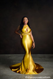 Oscar Mustard Gold Satin Engagement Gown Perfect for Photo Shoots