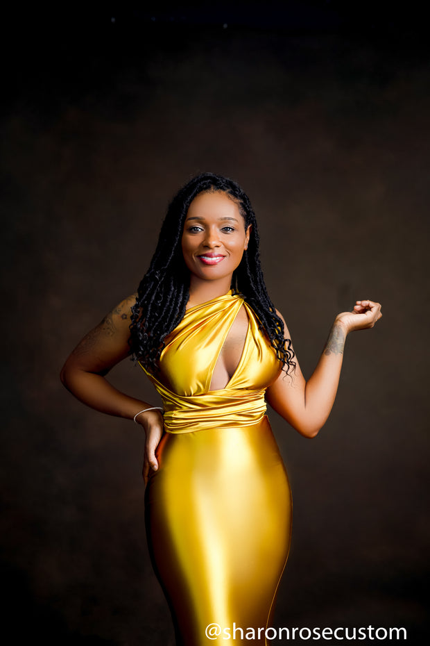 Oscar Mustard Gold Satin Engagement Gown Perfect for Photo Shoots