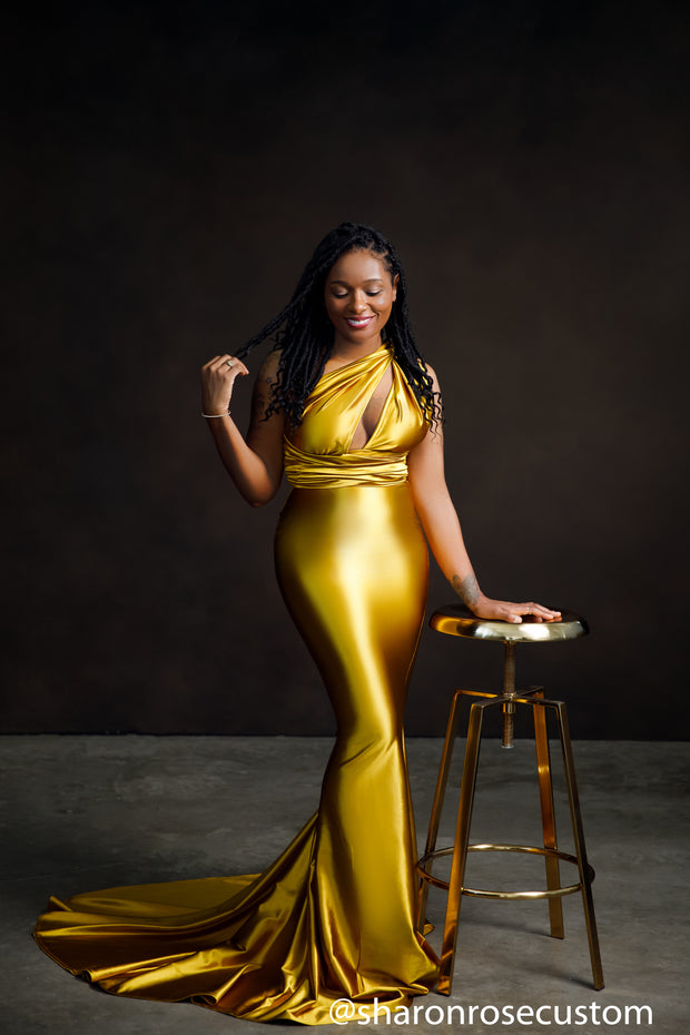 Oscar Mustard Gold Satin Engagement Gown Perfect for Photo Shoots