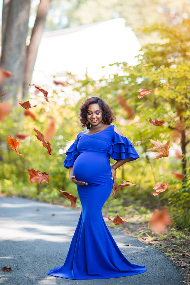 Royal Blue Ruffled Maternity Gown Maternity Gown for Photo Shoot and Baby Showers
