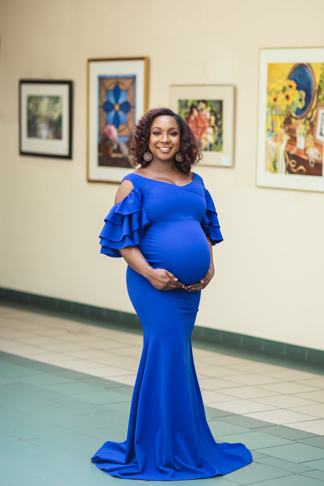 blue men's dress pants Royal Blue Ruffled Maternity Gown Maternity Gown for Photo Shoot and Baby Showers S