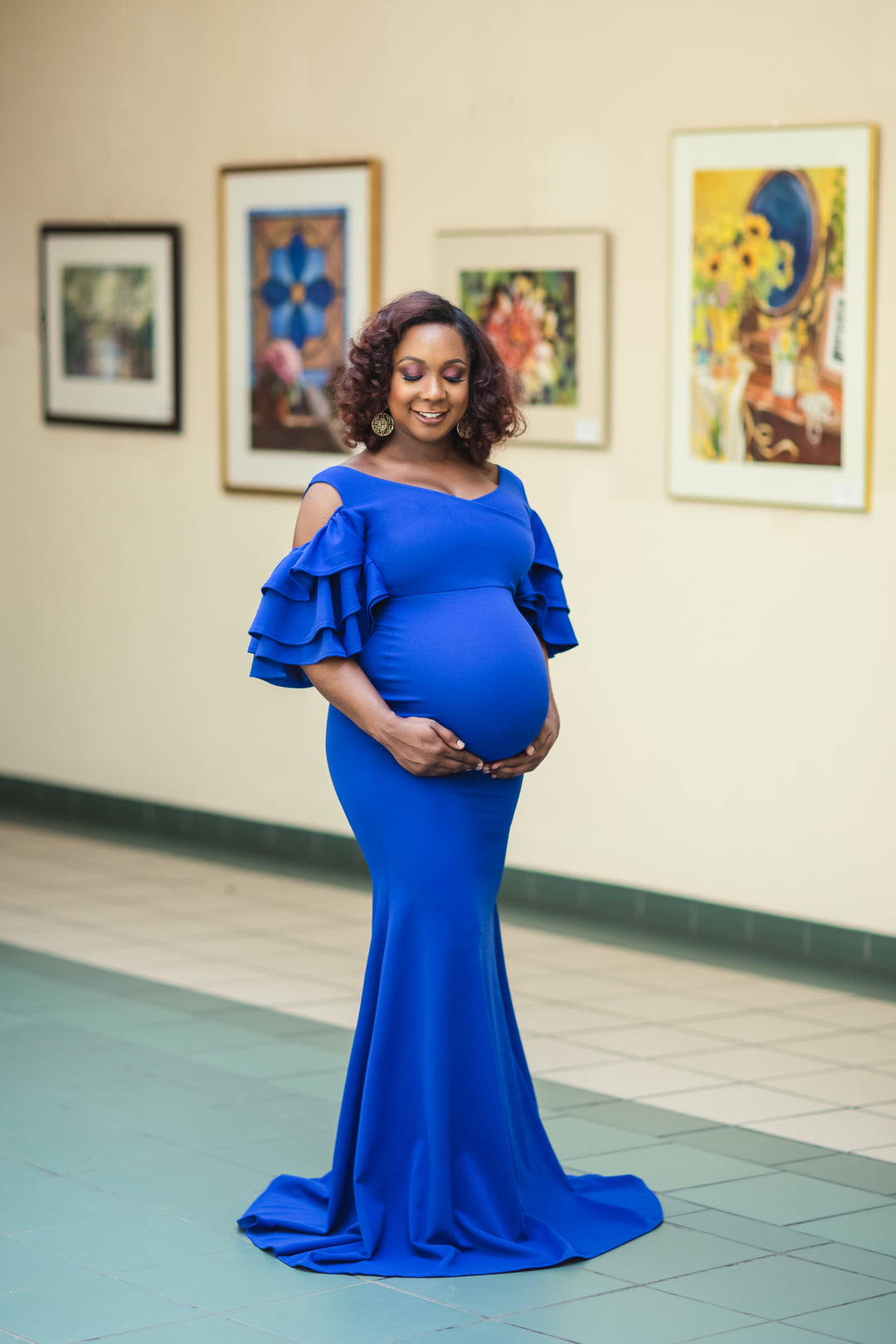 Royal Blue Ruffled Maternity Gown Maternity Gown for Photo Shoot and Baby Showers S