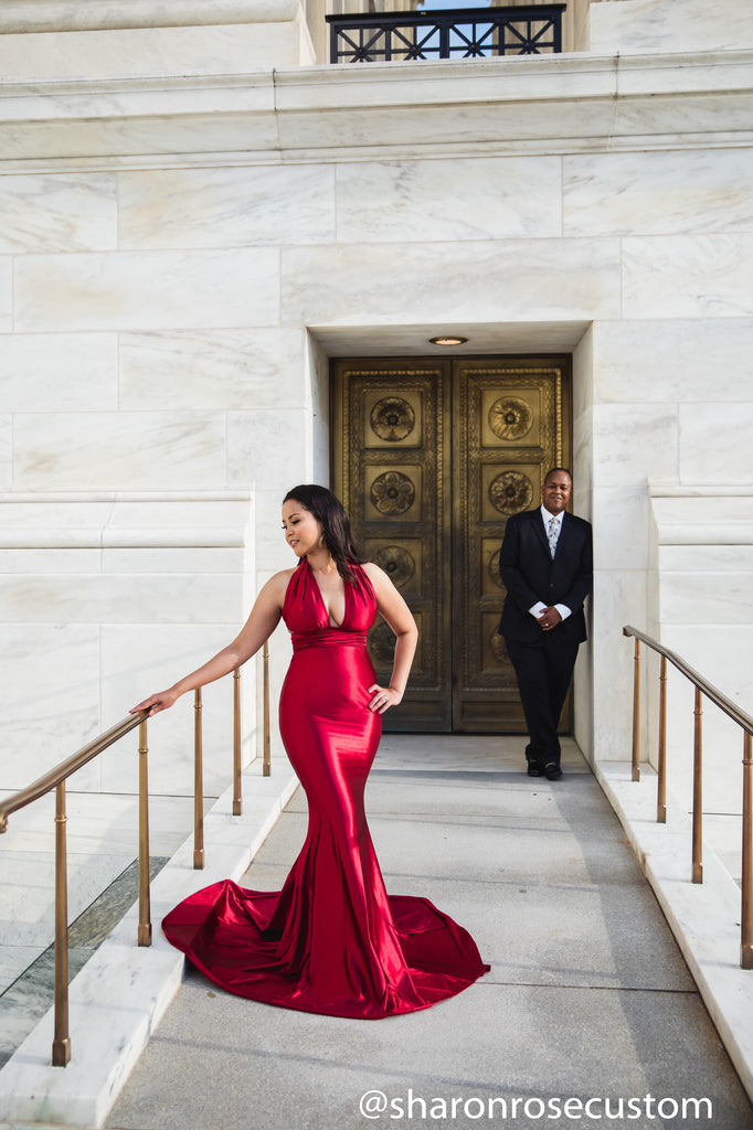 red engagement dress Oscar Red Satin Engagement Gown Perfect for Photo Shoots
