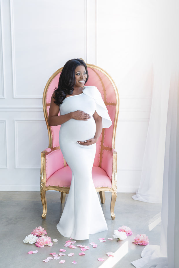 Pure White Maternity Gown for Photo Shoot and Baby Showers - One Sleeve Maternity Dress