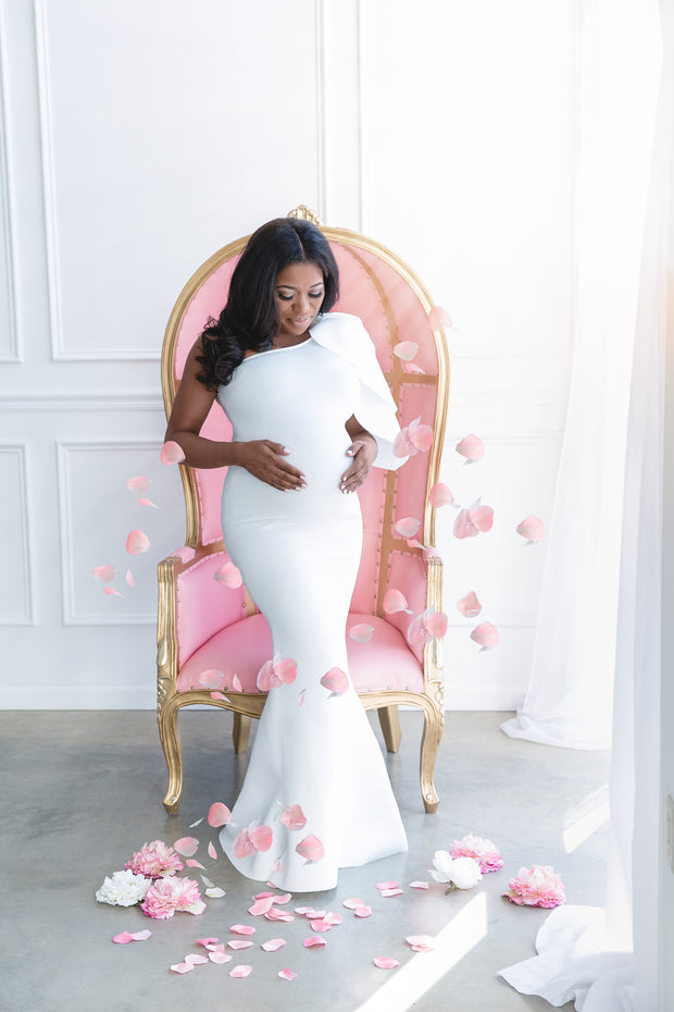 Pure White Maternity Gown for Photo Shoot and Baby Showers - One Sleeve Maternity Dress