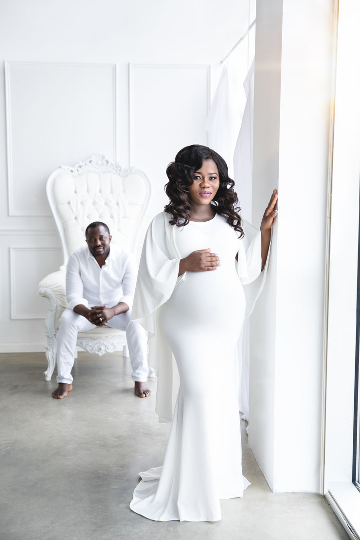 Ivory White Maternity Gown for Photo Shoot and Baby Showers - Cape Maternity Dress