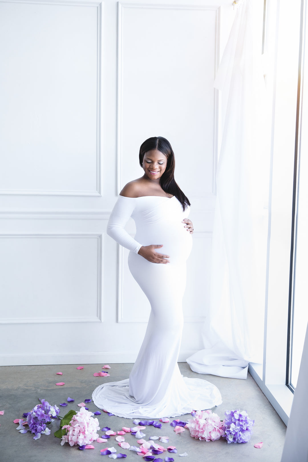 Pure White Long Sleeve Maternity Gown for Photo Shoot and Baby Showers