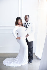 Pure White Long Sleeve Maternity Gown for Photo Shoot and Baby Showers - Jersey Maternity Dress