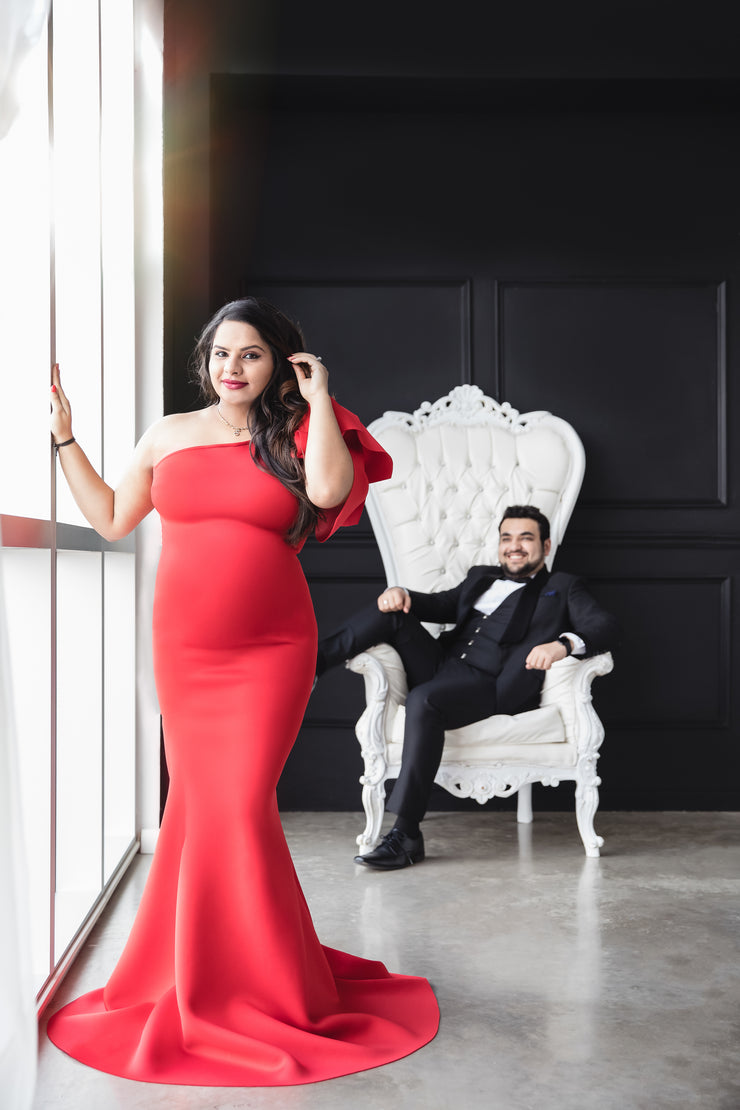 Red Maternity Gown for Photo Shoot and Baby Showers - Tulip One Sleeve Maternity Dress