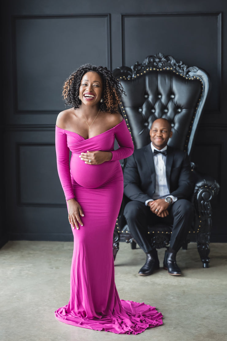 Raspberry Pink Long Sleeve Maternity Gown - Maternity Gown for Photo Shoot and Baby Showers