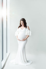 Ivory White Maternity Gown for Photo Shoot and Baby Showers - Ruffled Sleeve Maternity Dress