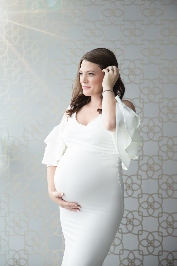 Ivory White Maternity Gown for Photo Shoot and Baby Showers - Ruffled Sleeve Maternity Dress XL Ivory White Maternity Gown for Photo Shoot and Baby Showers - Ruffled Sleeve Maternity Dress XL