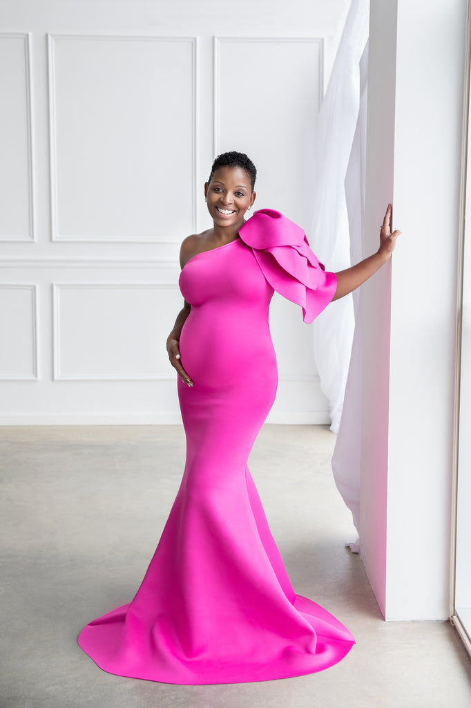pink mermaid maternity dress Soft Lace Off-the-shoulder Mermaid Maternity Photoshoot Dress, Pink / M