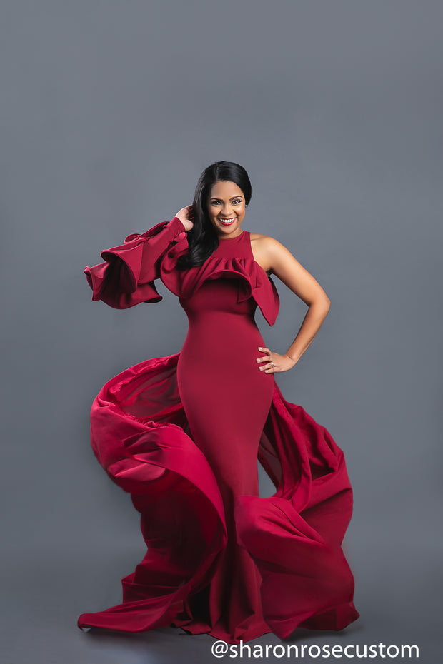 Burgundy Engagement Maxi Gown Perfect for Photo shoots and Special Occasions