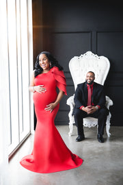 Red Maternity Gown for Photo Shoot and Baby Showers - Tulip One Sleeve Maternity Dress