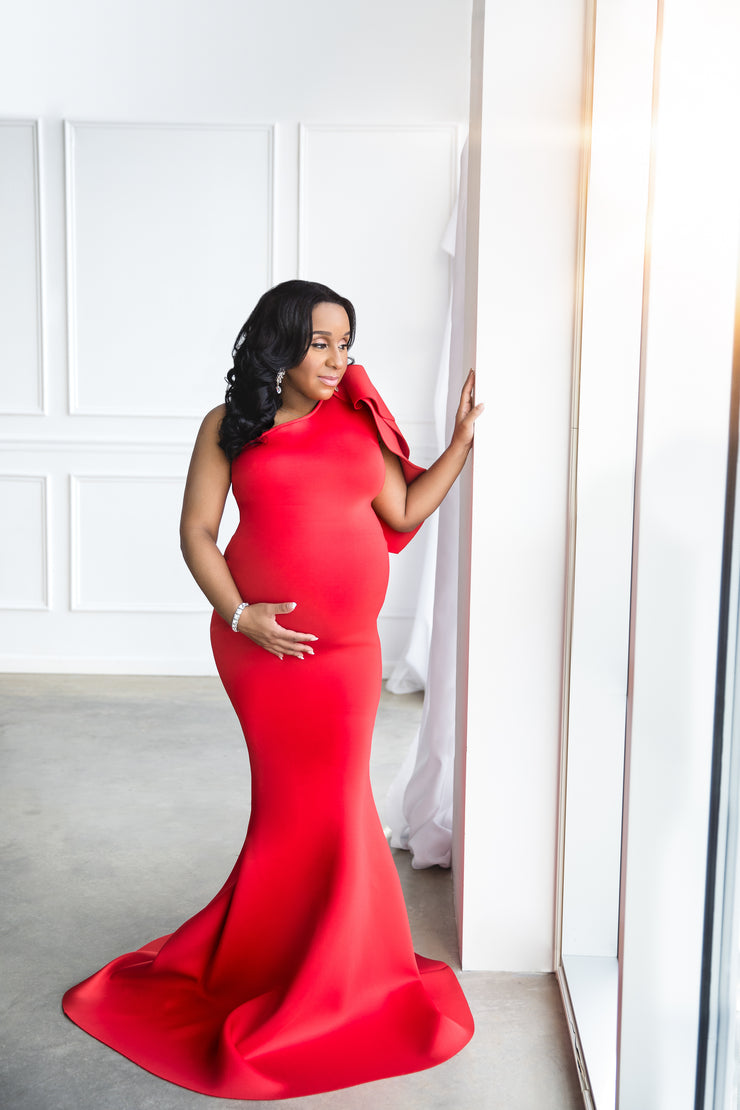 Red Maternity Gown for Photo Shoot and Baby Showers - Tulip One Sleeve Maternity Dress