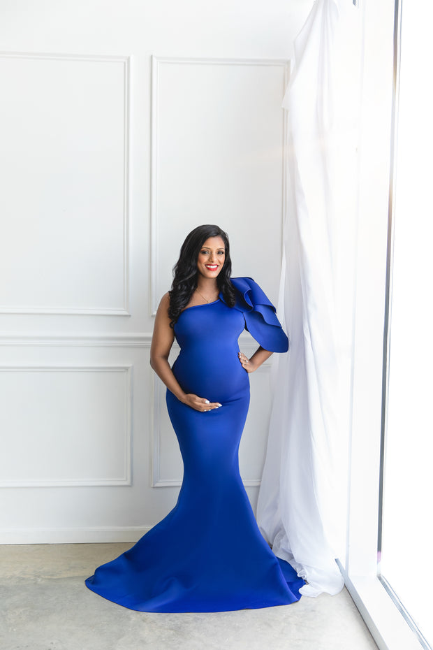 Royal Blue Maternity Gown for Baby Shower and Photoshoot - Tulip One Sleeve Maternity Dress